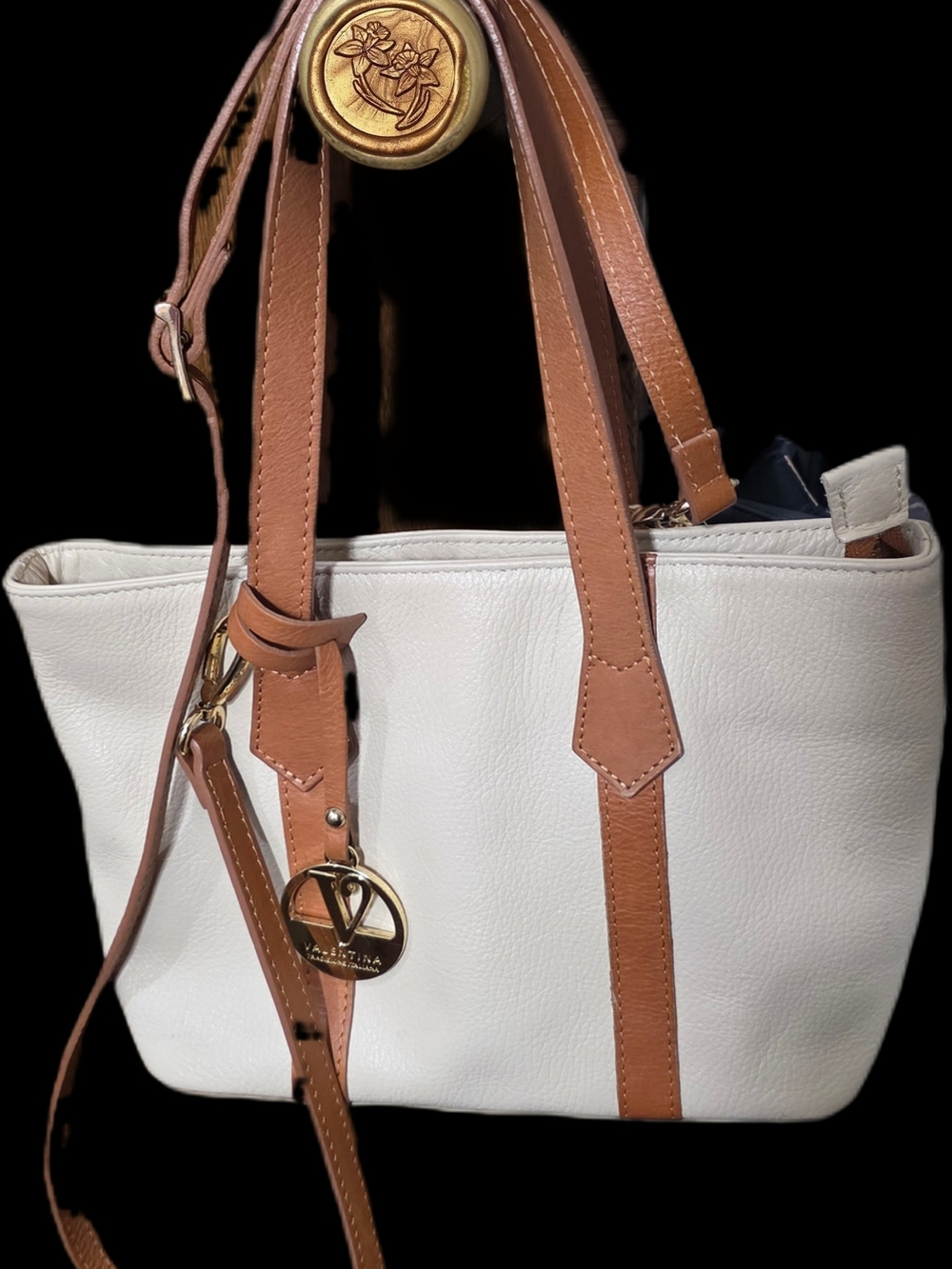 Valentina White & Tan Leather Shoulder Tote